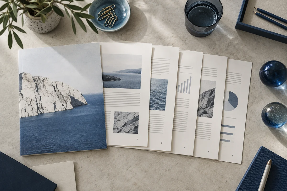An editorial desk with an unnumbered illustrated cover and several numbered inner report sheets in order, blue paper weights, top-down photograph.