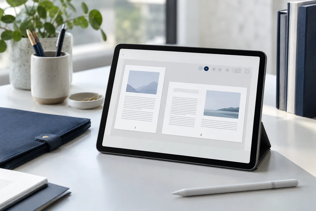 A tablet in a minimalist office showing a portrait page and landscape page with carefully positioned footer numbers, white desk with navy document case.