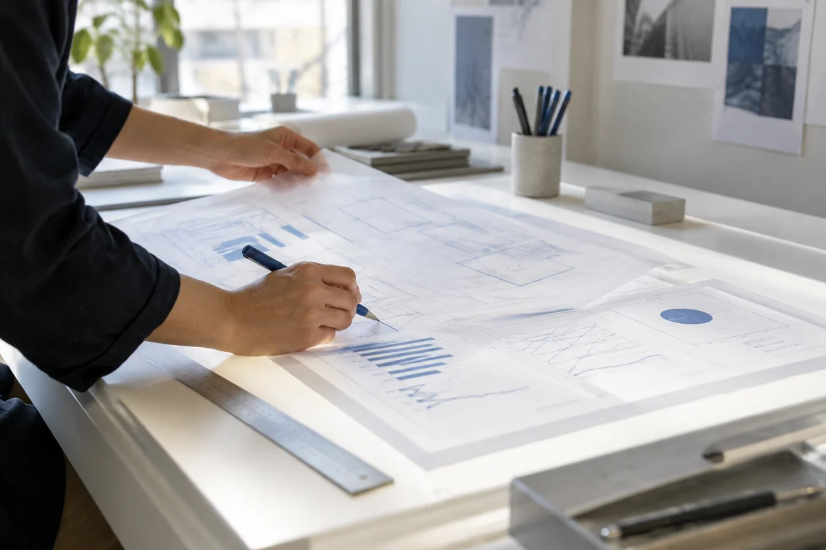 A designer's light table with a transparent markup layer over a clean chart report, blue lines and outlined rectangles, no legible text, close side photograph.