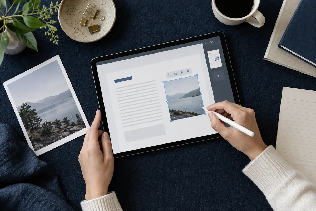 A tablet and digital pen on navy felt with an image being placed onto an existing report page, nearby printed photograph and clean notes, overhead composition.