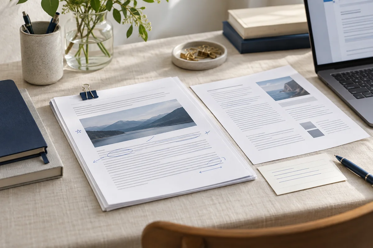 A neatly arranged document submission desk with a finished annotated report, separate source page and added note card, cream linen backdrop, gentle daylight.