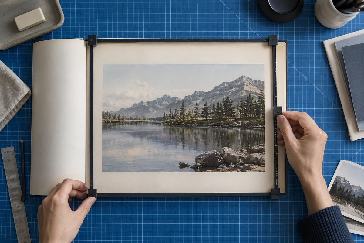 A landscape scan laid on a cobalt cutting mat with an adjustable rectangular framing guide selecting the inner page area, top-down composition.