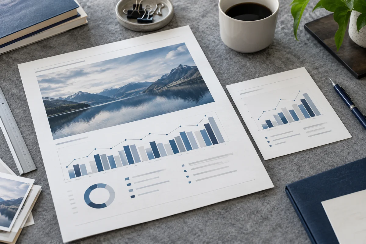 A photographer's proof desk with an oversized report print and a smaller crop of its chart aligned side by side, gray felt surface, soft daylight.