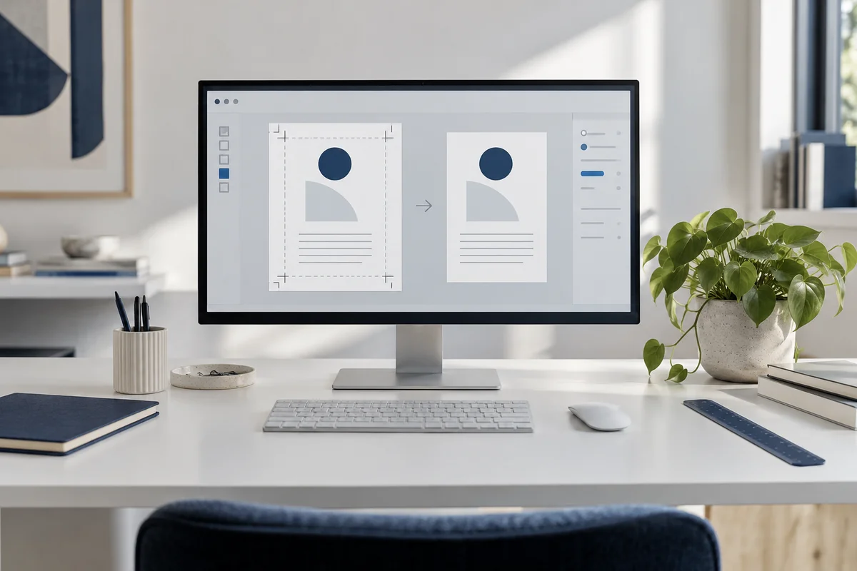 A modern monitor showing the same abstract diagram page before and after margin trimming, a wide white desk with a navy ruler and one plant, frontal wide shot.