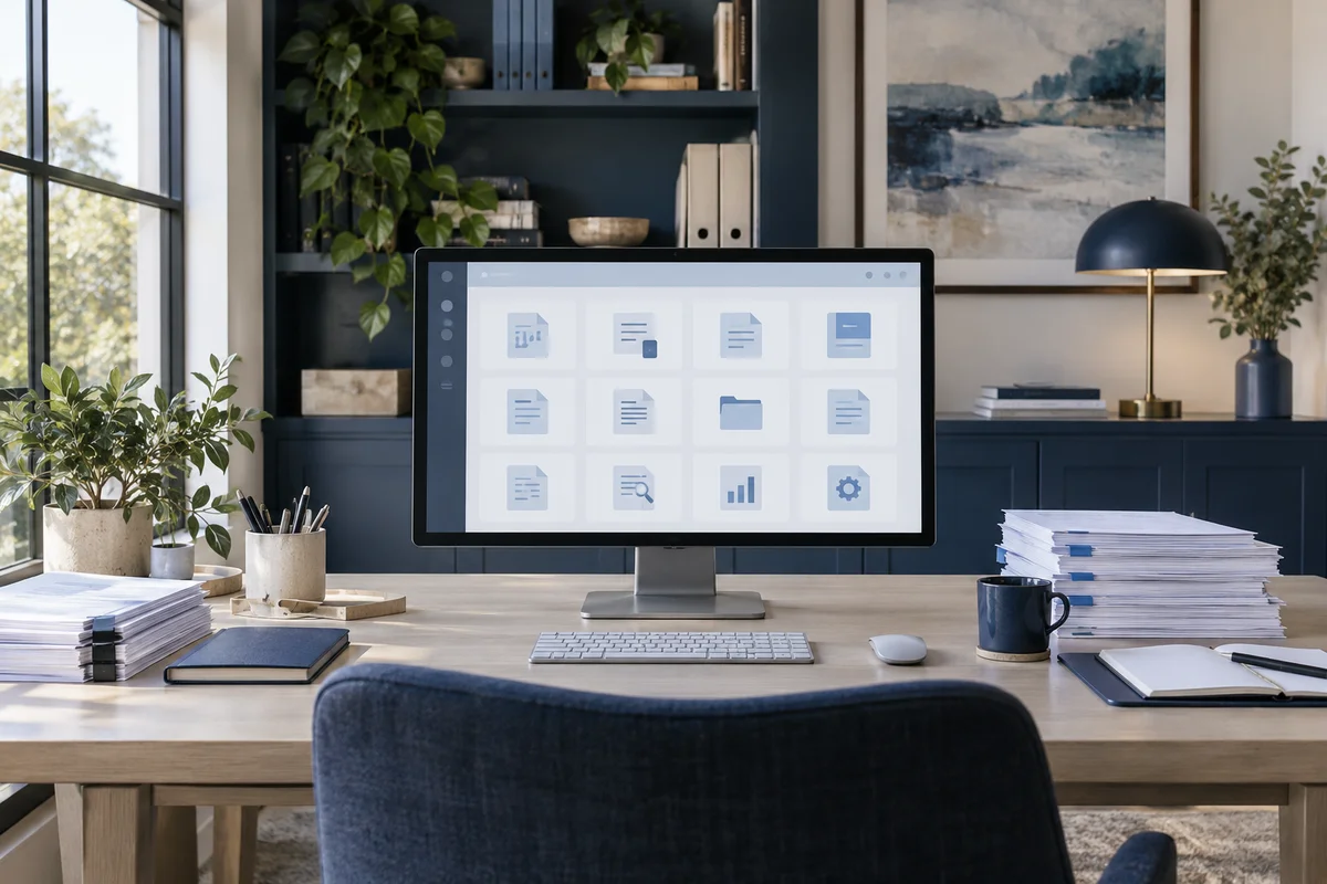 A spacious navy-accented home office with a large monitor showing twelve abstract document-tool tiles, source report packets on a pale oak desk, wide straight-on view.