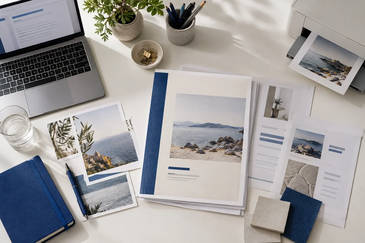 An overhead white workspace with a finished proposal, separate photos and neatly arranged report sheets, cobalt notebook and a small printer at edge.