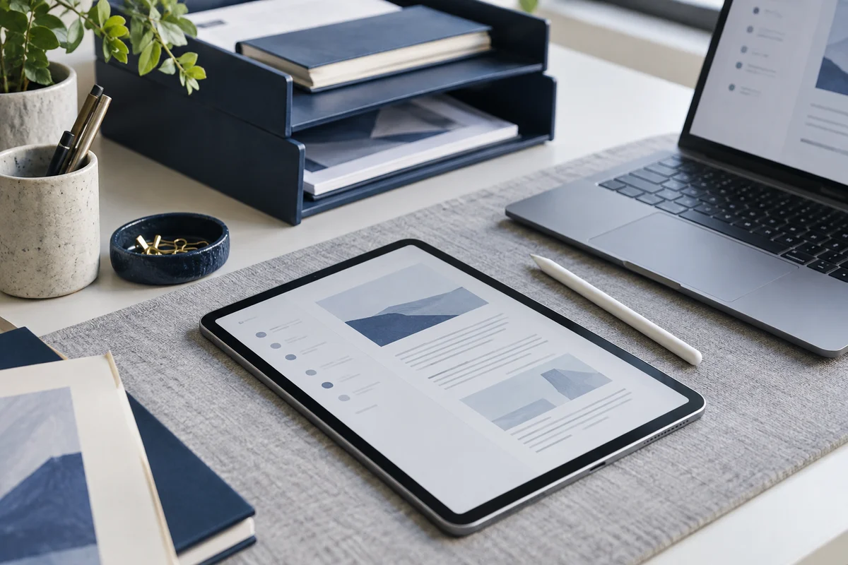 A tablet on a gray linen desk pad next to a compact laptop and organized navy document tray, abstract page previews, close three-quarter view.