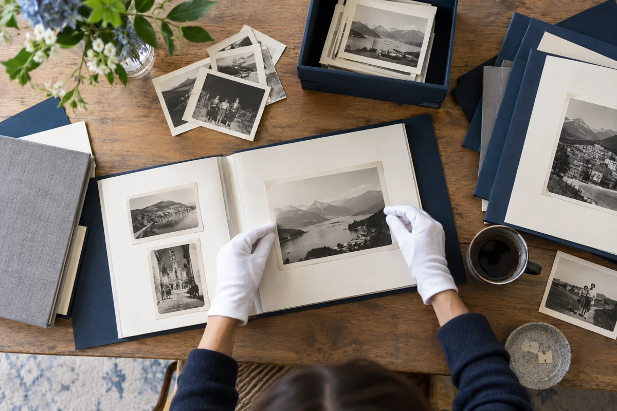 A top-down family archive table with assorted old photo prints fitted onto matching white pages, navy divider sheets and cotton gloves, natural light.