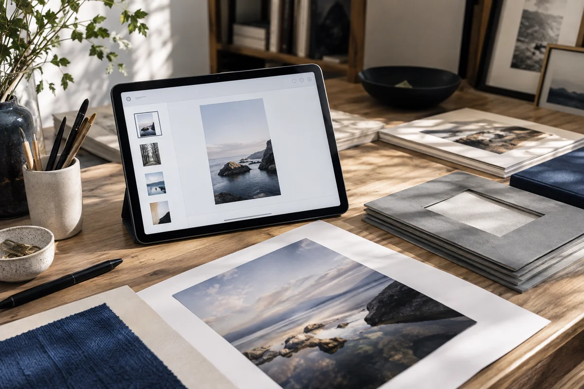 A tablet at an art desk showing photographs as one-per-page thumbnails, printed artwork and gray mat board neatly arranged, studio lighting.