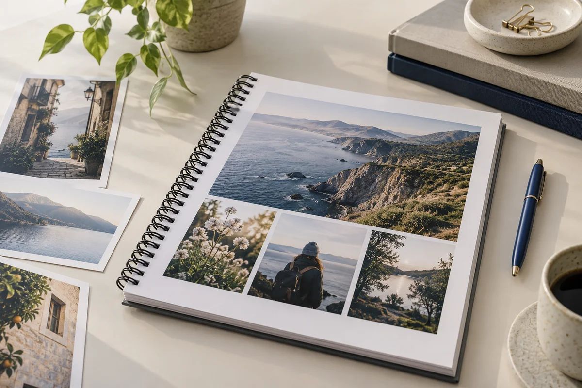 A quiet desk with a finished spiral-bound photo report, portrait and landscape source prints at its side, navy pen and cream backdrop, close detail.
