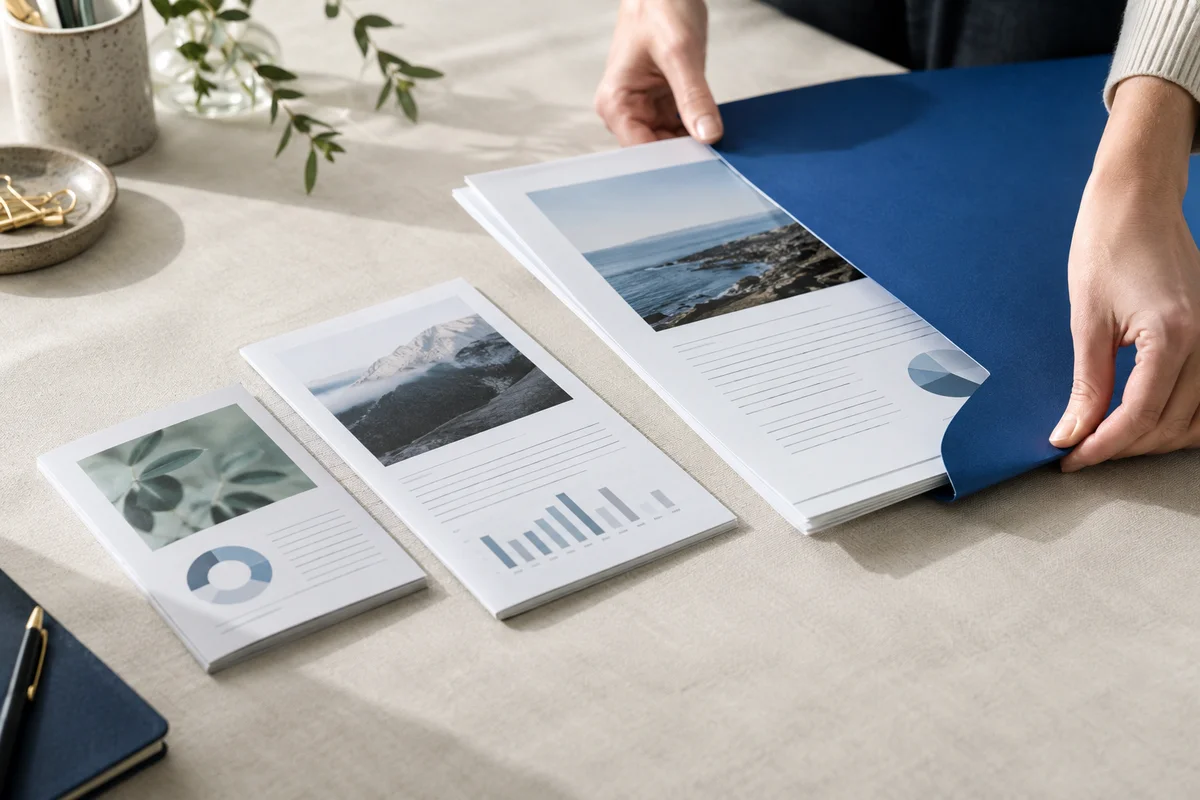 A cream linen work surface with three differently sized source reports feeding a single cobalt presentation folder, close detail of aligned page edges, no laptop.