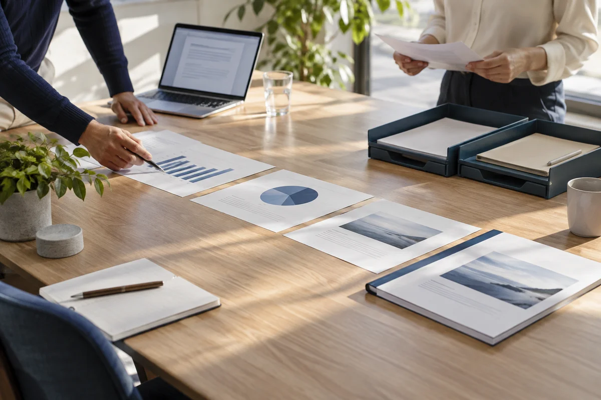 A sunlit team meeting table with two small document trays, selected charts arranged in deliberate order leading to one bound proposal, diagonal composition.