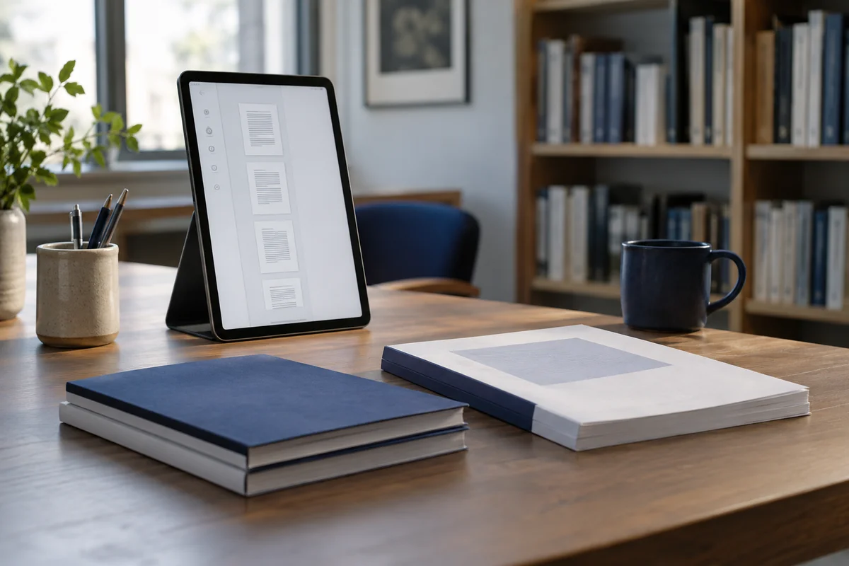 A quiet library desk, an upright tablet displays a single long document thumbnail column beside two closed report booklets and one merged packet, side view.