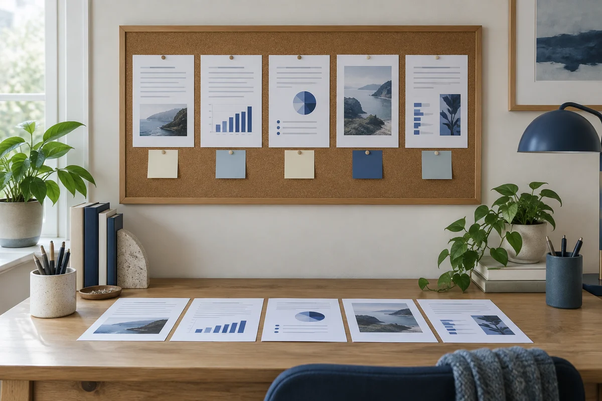 A home office pinboard with report page cards arranged in a deliberate sequence, desk below holds corresponding loose pages, no laptop, straight-on editorial photograph.
