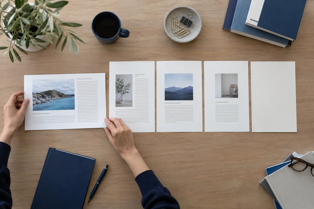 A hands-on worktable, one landscape page rotated into alignment with four portrait pages and a clean blank divider, top-down natural daylight.