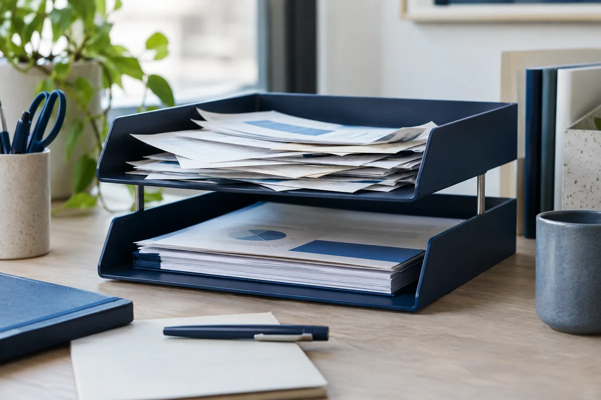 Two tiered navy letter trays, the top contains disordered sheets while the lower tray has an orderly project dossier, desk-level close view.
