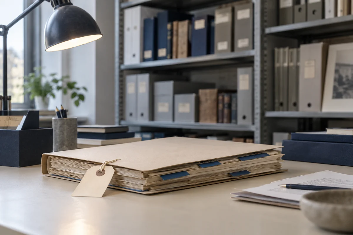 A research archive shelf with one document dossier on a cream table and an attached catalogue card, indigo tabs and reading lamp, wide natural photograph.