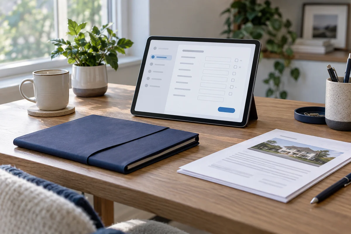 A privacy-conscious home desk with a tablet displaying a property panel with unchecked and cleared fields, a closed navy folio and tidy paper report, no padlock graphics.