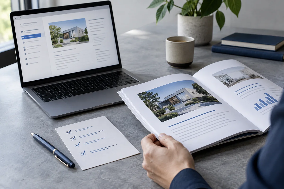 A detailed editorial close-up of a properties review screen and an exported report booklet, a small checklist card with only checkmarks and abstract strokes, gray desk.
