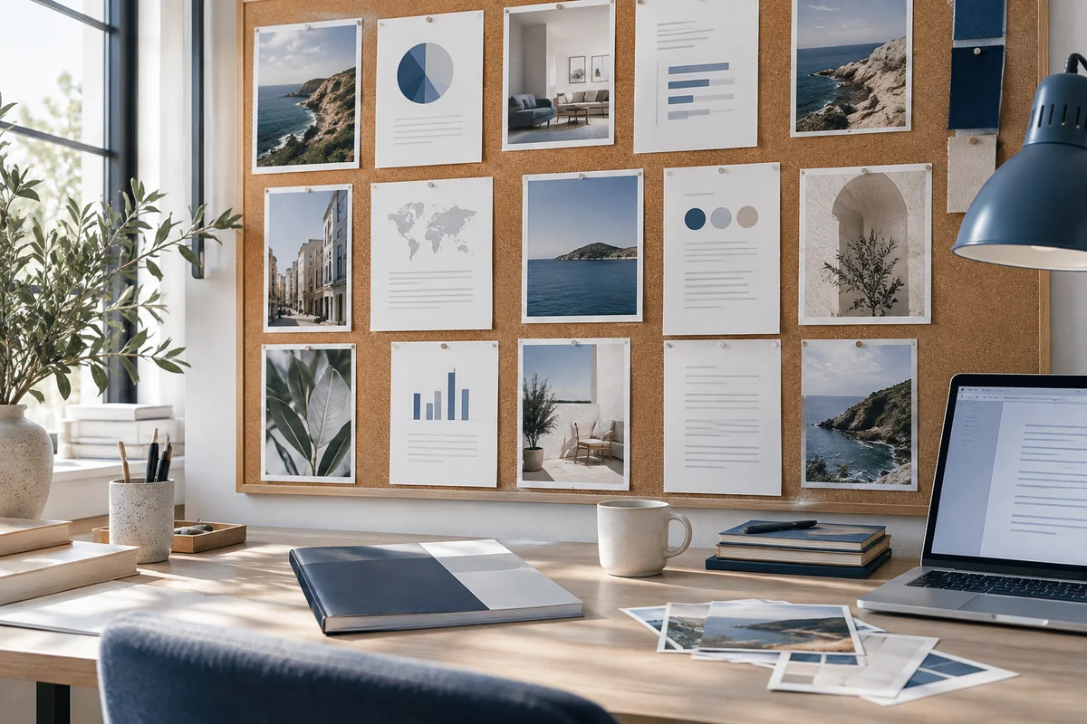 An art editor's cork board with individual report-page prints separated into picture cards, closed source report at the desk below, bright studio view.