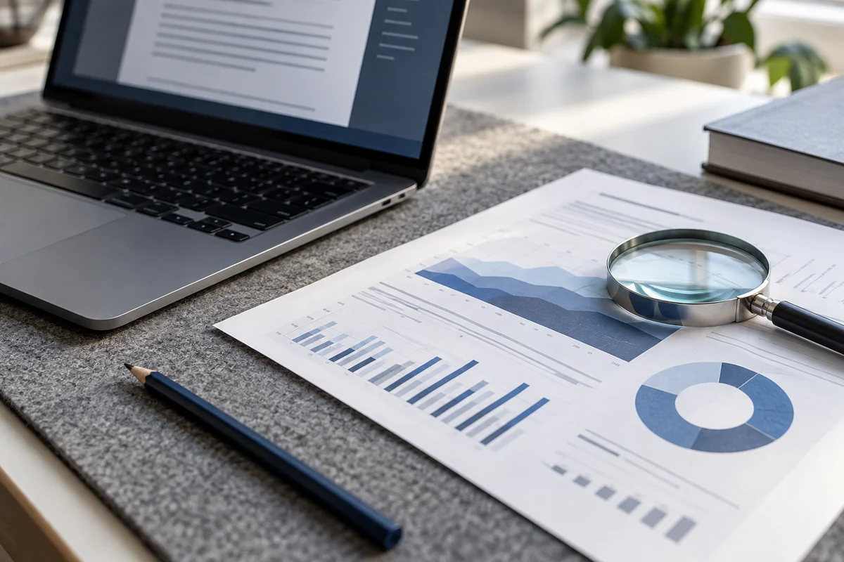 A laptop beside a magnifying loupe and a high-detail exported chart print, gray felt desk pad and navy pencil, close perspective.