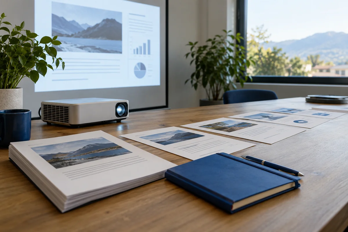 A digital presentation desk with a small projector, separate page images laid in order next to an original paper report, cobalt notebook, wide low view.