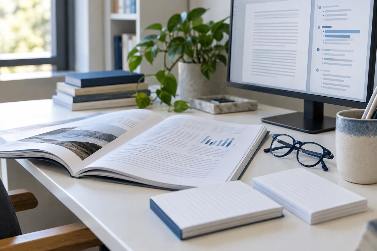 A researcher's white desktop with an open report and narrow monitor showing its extracted paragraph structure, navy reading glasses and index cards, side composition.