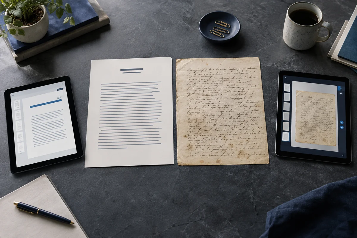 A pair of manuscript pages, one clean digital text print and one photographic scanned page with no selectable text, tablet previews beside them, slate table.