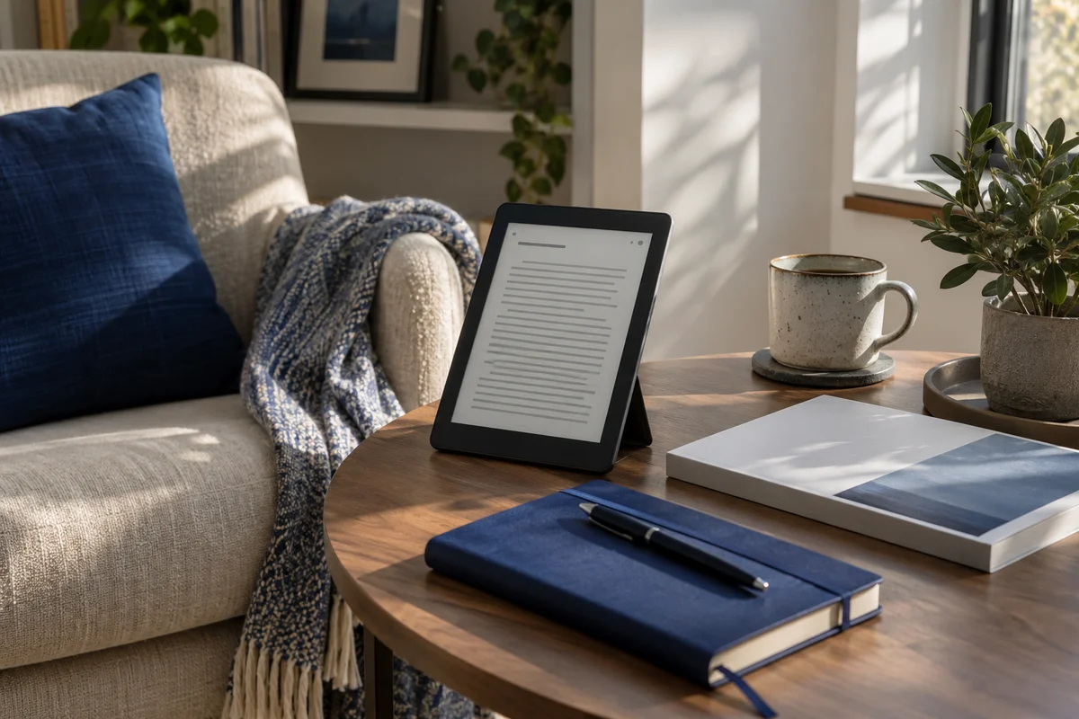 A serene reading alcove with an e-reader showing a long plain text document and a closed source report, cobalt notebook and window shadows, editorial photo.