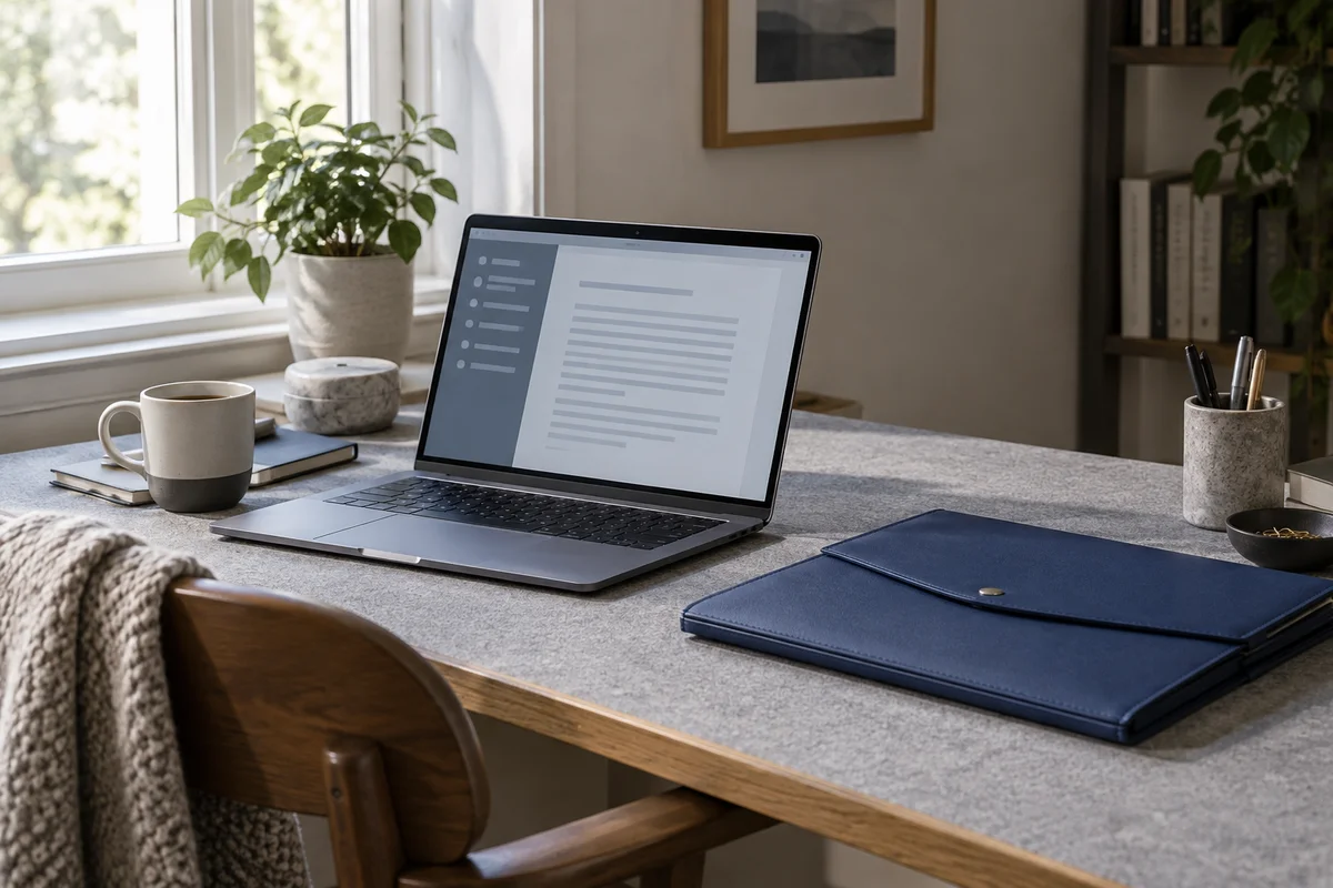 A personal study with a laptop and a fully closed blue document case kept beside it, calm window light and gray felt work surface.
