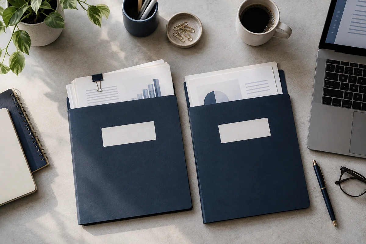 An overhead clean desk with original and exported report packets in two distinct navy folders, neutral document labels without words, paper texture.