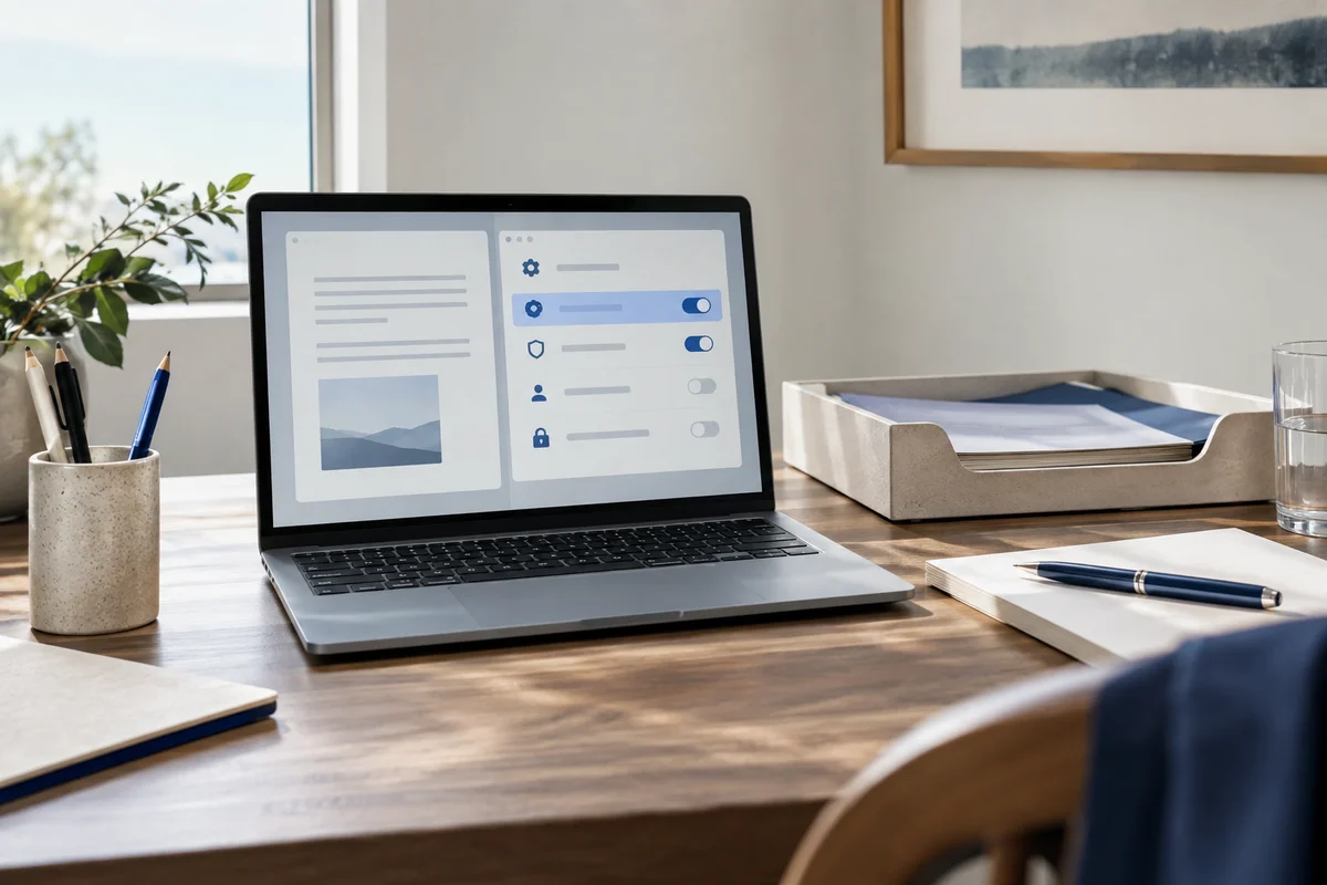A computer beside an open browser-settings style abstract panel, no readable text, a small document tray and cobalt pen, frontal daylight photo.