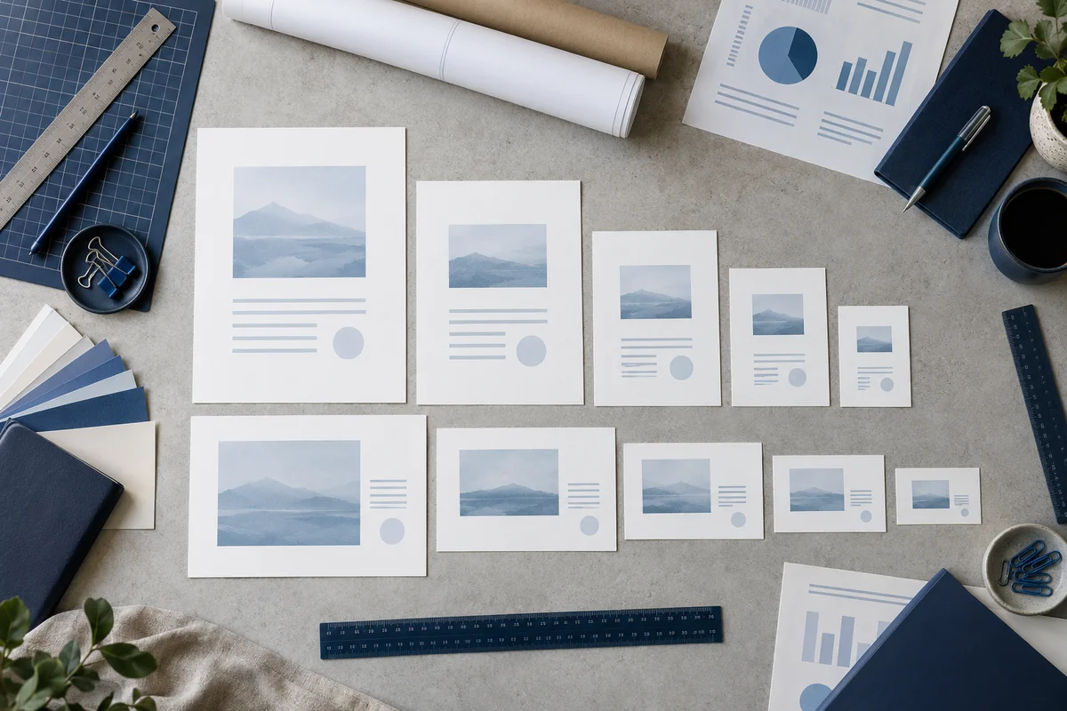A wide technical workbench with portrait and landscape paper templates arranged by size, navy measuring tools and abstract charts, no laptop, overhead shot.
