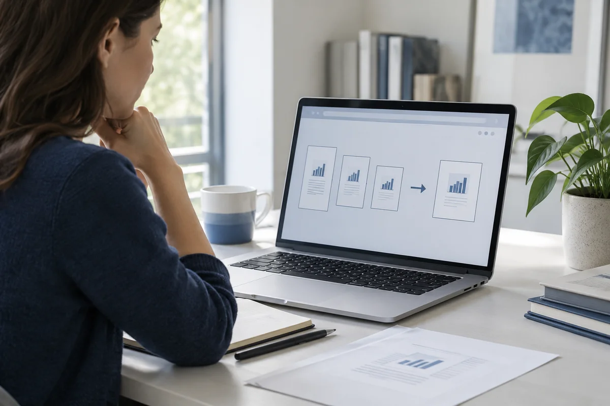 A laptop in a cool-white study displays three different page sizes becoming equal-sized sheets