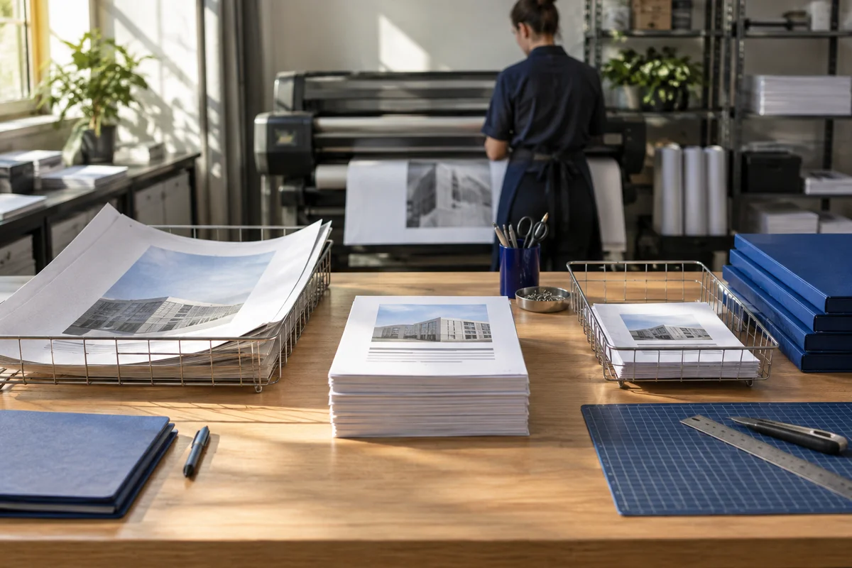A print-shop preparation table holding a single uniform report stack, original oversized and undersized sheets in two side trays, warm daylight and cobalt folders.