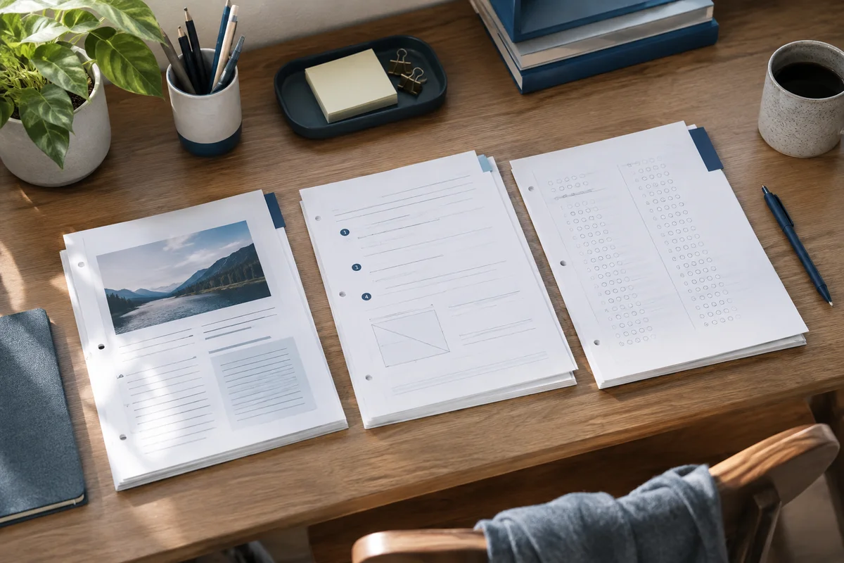 A school study desk with one workbook separated into a lesson packet, practice sheet packet and answer sheet packet, overhead close shot.