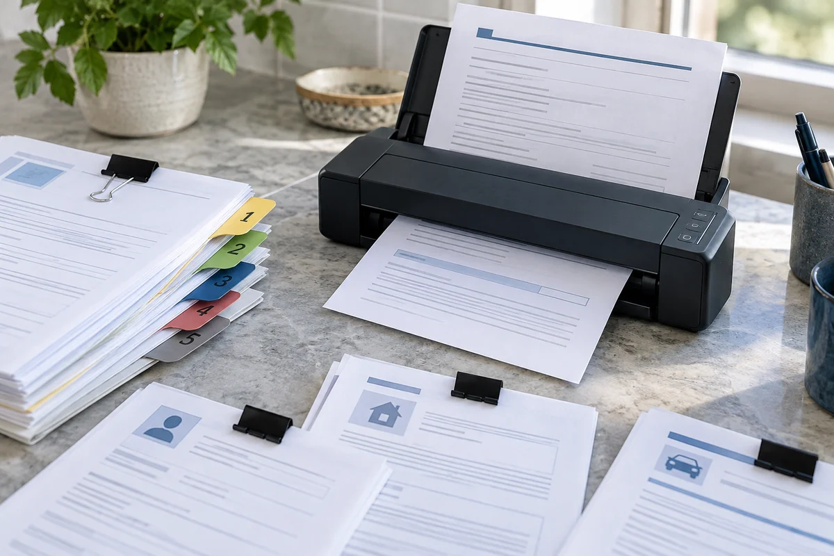 A compact document scanner with individual application pages separated on a stone countertop, clips and numbered-color divider tabs but no readable text, close perspective.