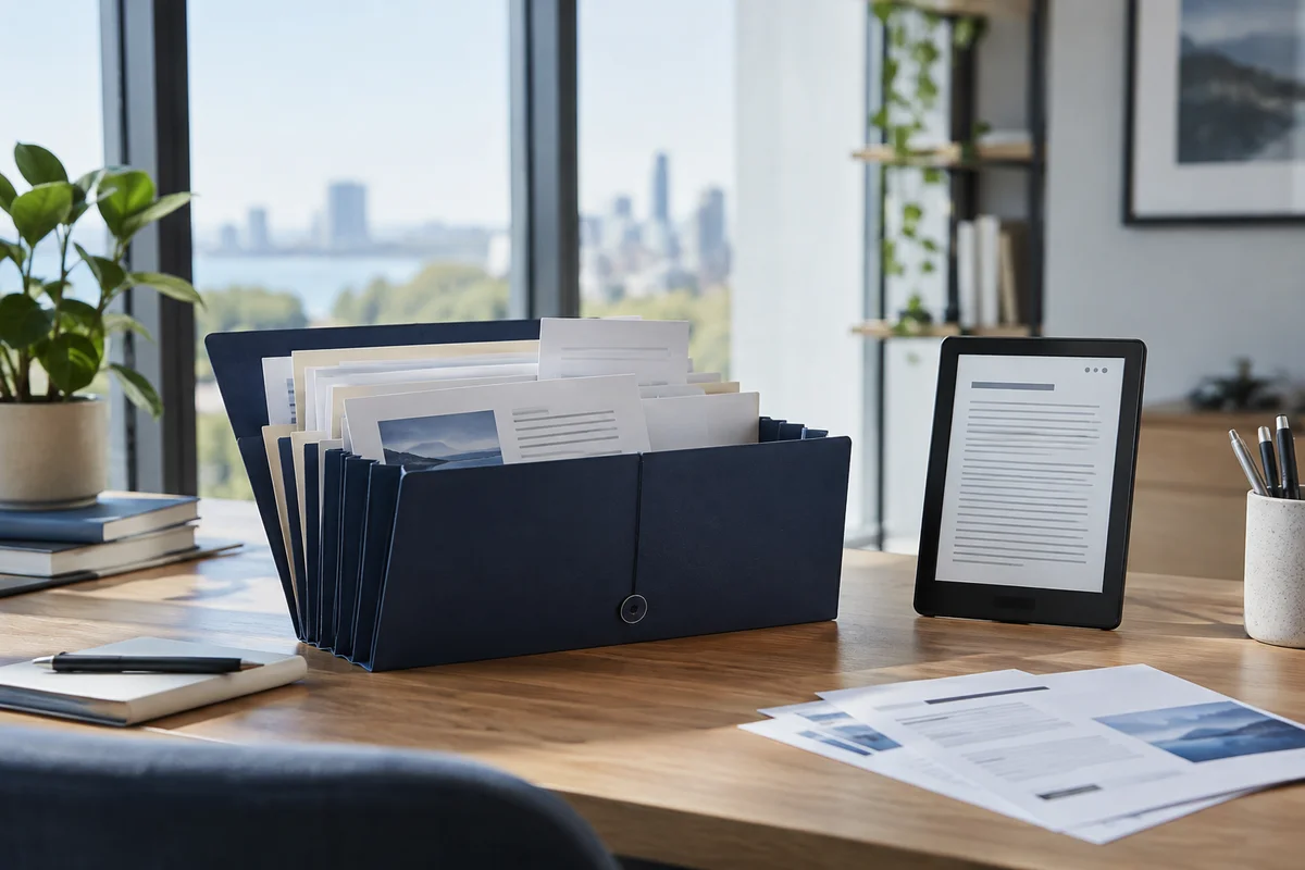 A navy expanding folder holding several short extracted report sections, a single full document on an e-reader nearby, tall-window daylight, wide desk shot.