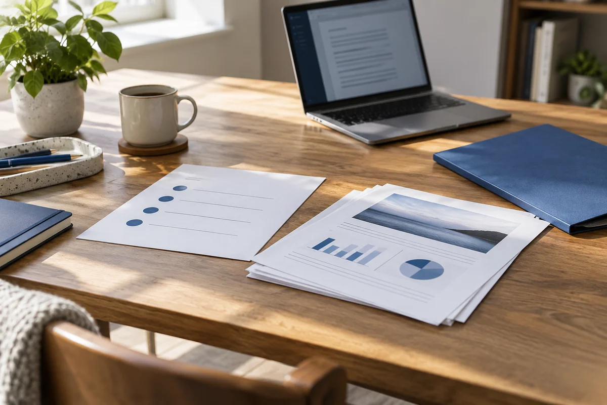 A sunlit study table with a concise instructions sheet, selected report pages and a closed cobalt folder, diagonal photograph without legible words.