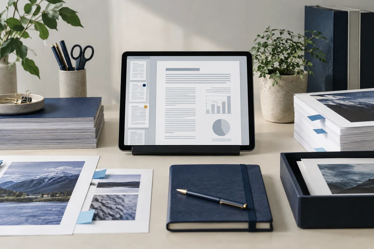 A print preparation desk with a reader tablet showing an abstract report and document tabs highlighting unusual pages, indigo stationery, frontal view.