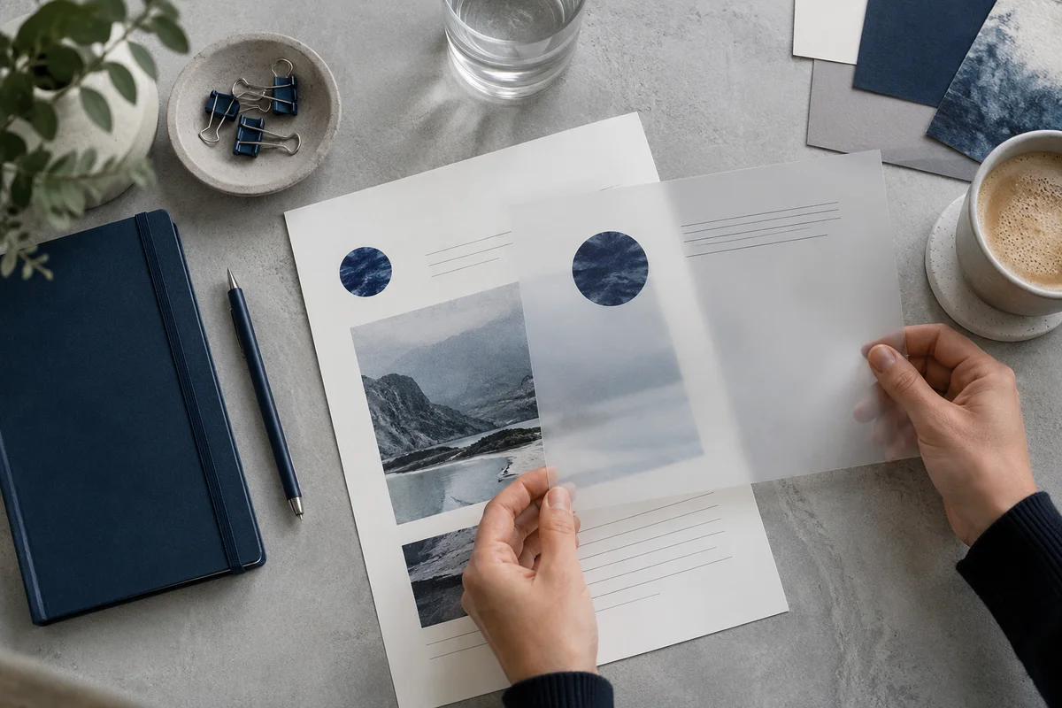 A top-down brand stationery desk with a report, a small circular indigo image emblem and a clear acetate overlay showing its placement, no readable words.