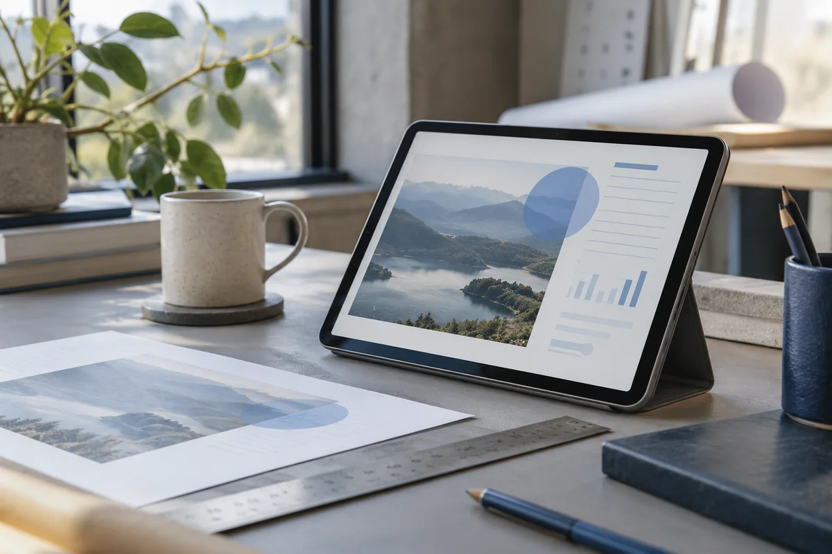 A tablet propped on a gray drawing board displays a landscape report with a lightly rotated translucent blue emblem, printed preview and fine ruler, side view.