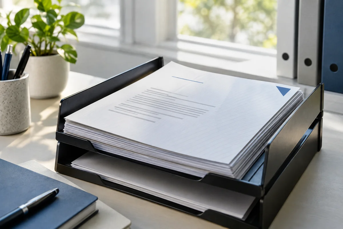 An organized office letter tray with final marked reports, the top sheet carries a discreet blue corner emblem and a faint diagonal pattern, bright natural light.