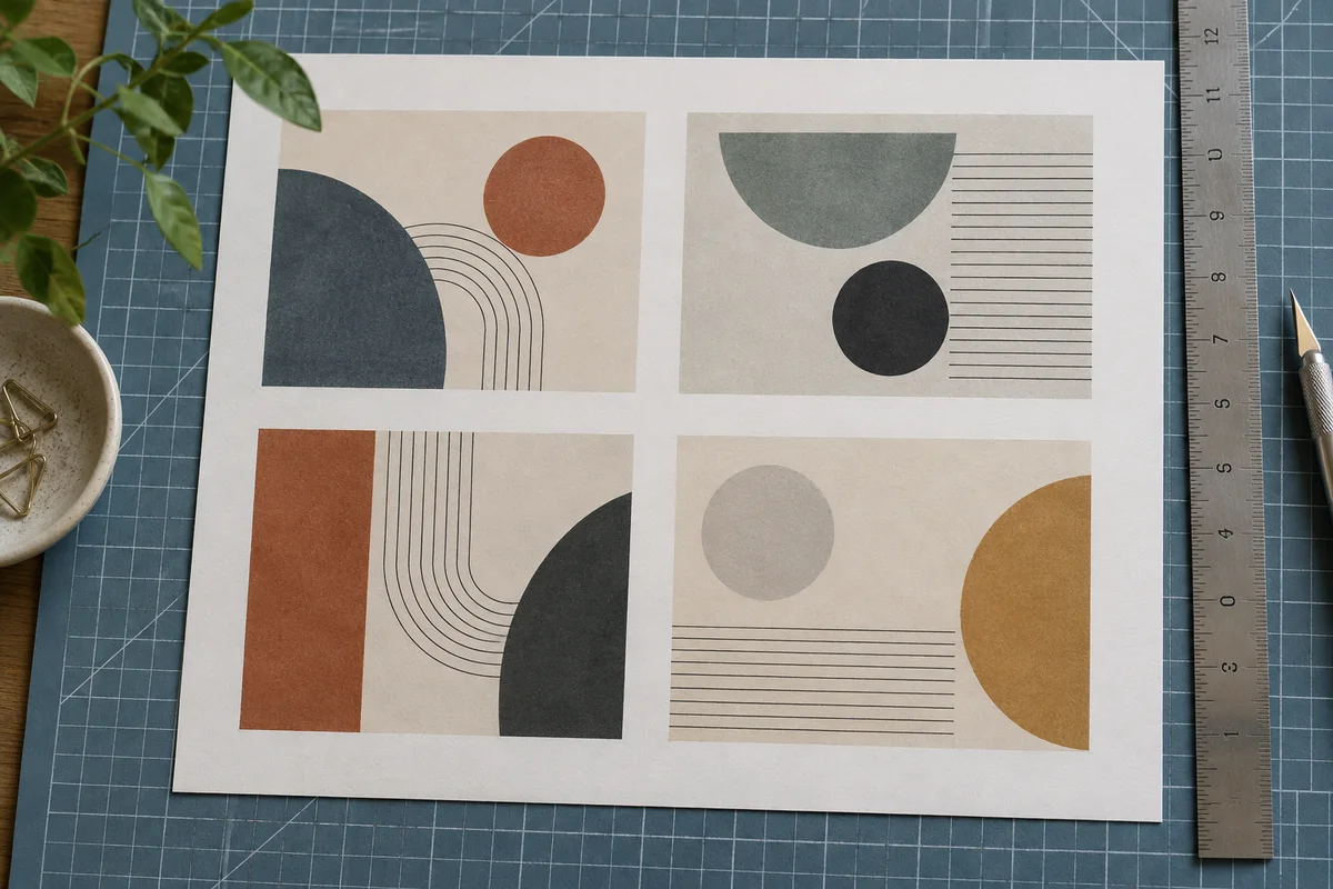 Four page layouts arranged on one sheet