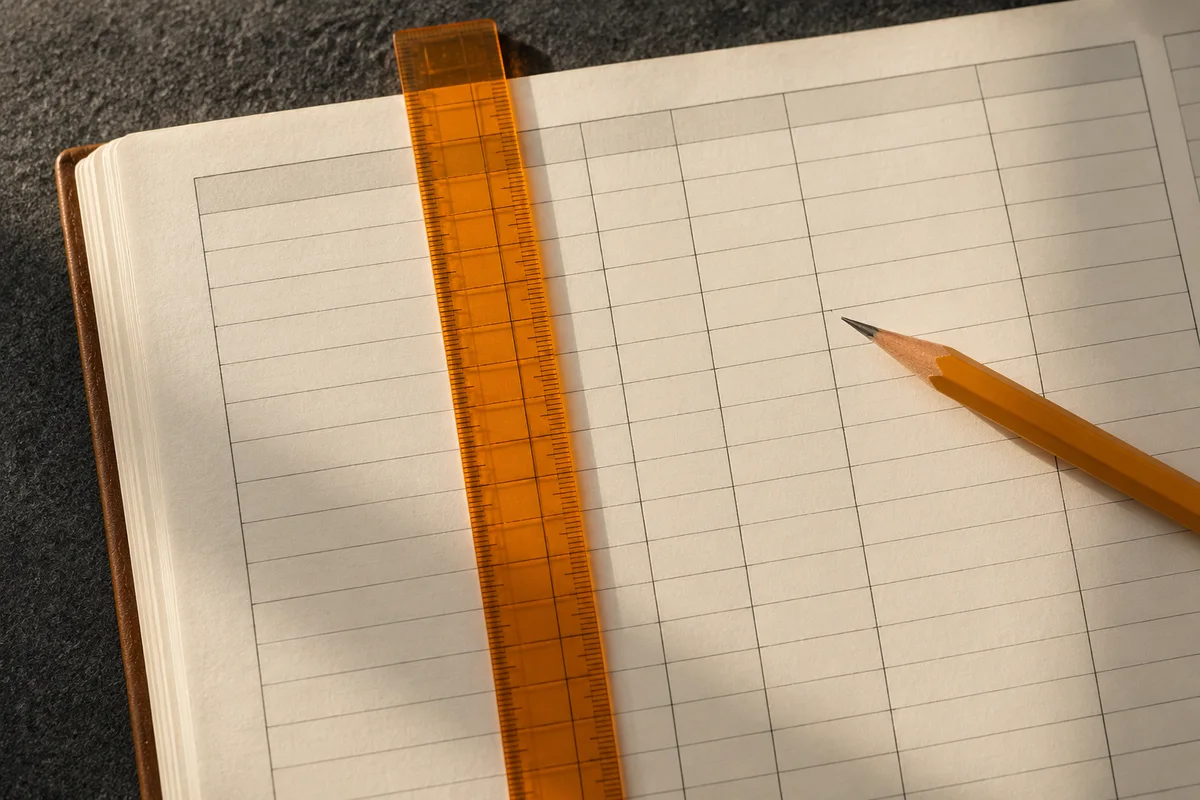 A ruler checking column boundaries in a ledger
