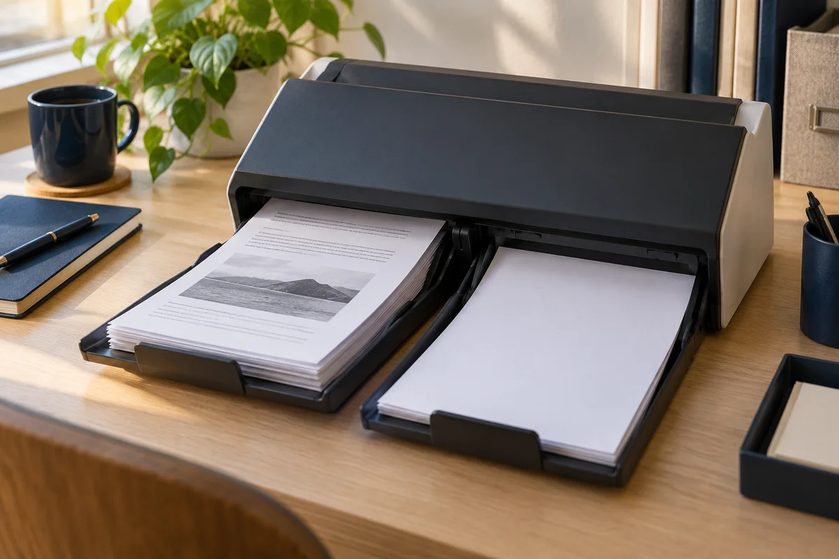 A scanner sorting printed pages and blank sheets