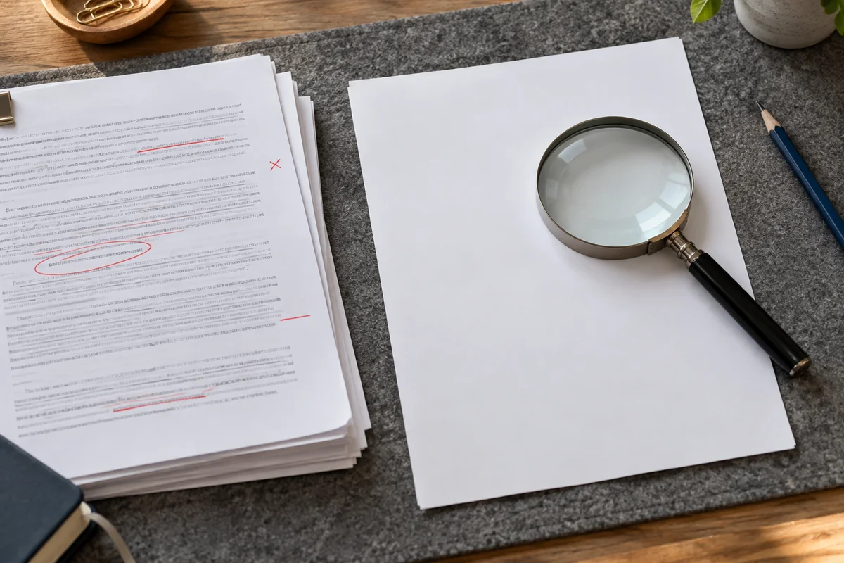 Inspecting a blank sheet beside a marked document stack
