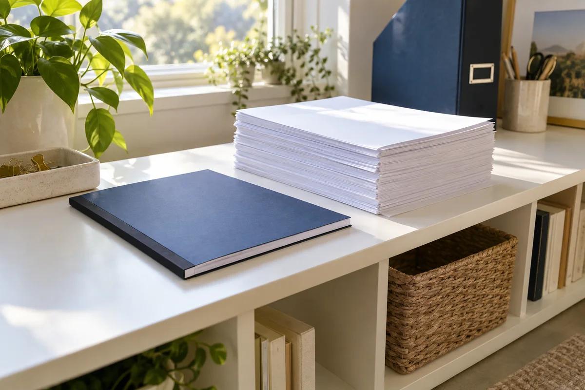 A slim report beside removed blank paper