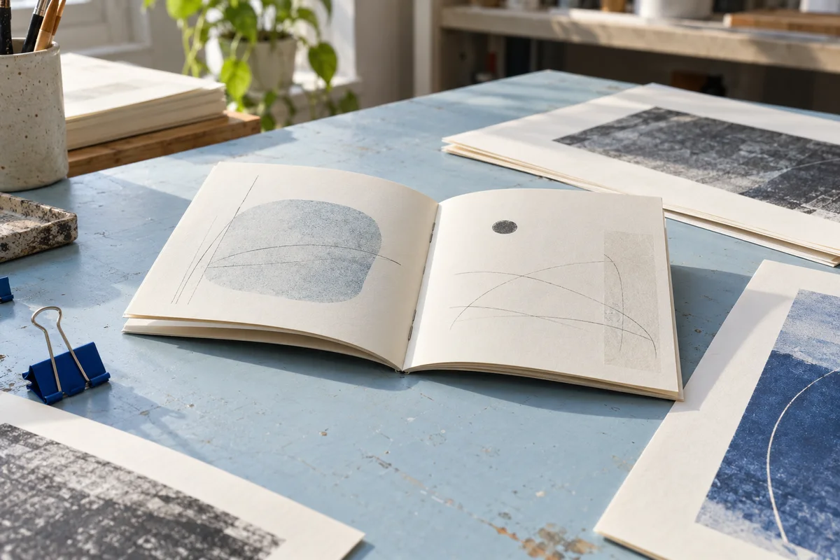 An open folded booklet resting beside flat imposed sheets