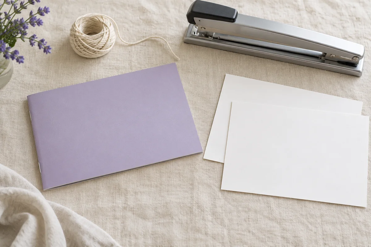 A finished booklet with paper and stapling supplies